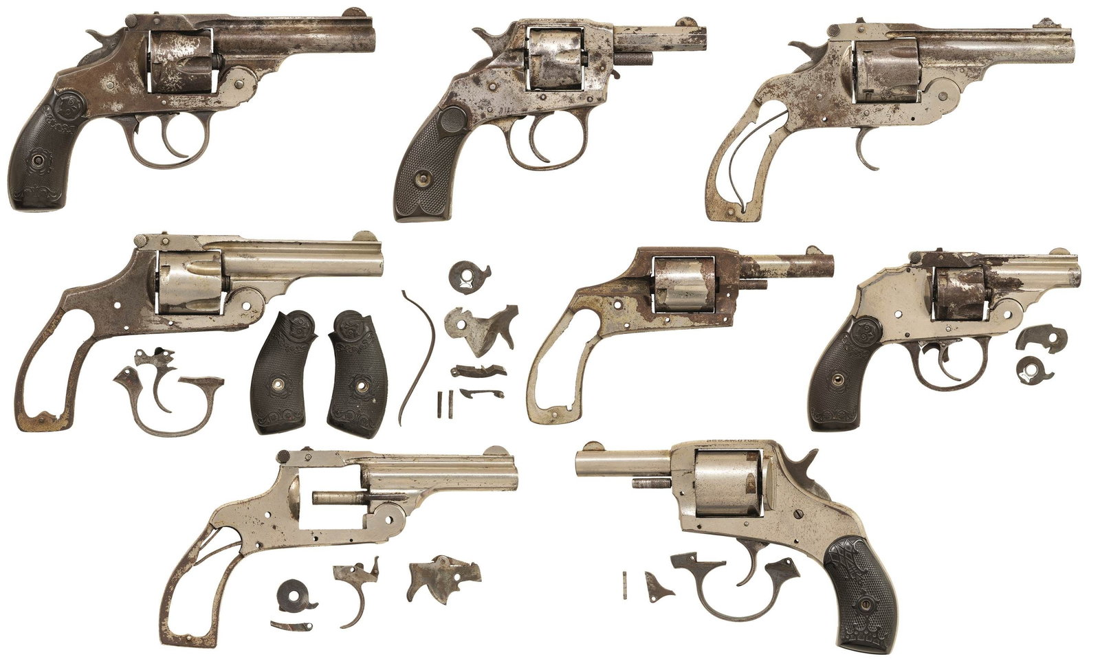 9 PARTS REVOLVERS.: CONDITION: revolvers are mix of complete guns to various small parts missing. A few completed guns do not cycle properly. Wide ranging condition on nickel finish & hard rubber grips.1) IVER JOHNSON. C