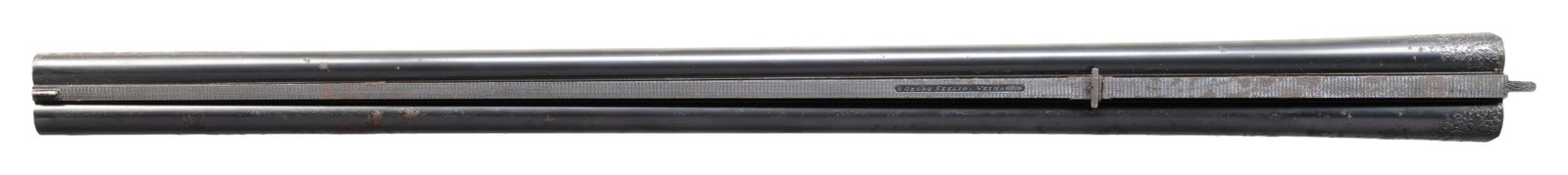 16 GA. SXS SHOTGUN BARRELS BY GEORGE SEELIG OF: WEIMAR, GERMANY. Cal. 16 Ga., 2 3/4". The 26.75" barrels has matted rib with blade front sight & flip up rear sight, along with swivel on bottom rib. Water tables have Aug. 1936 German Nitro proofs. B