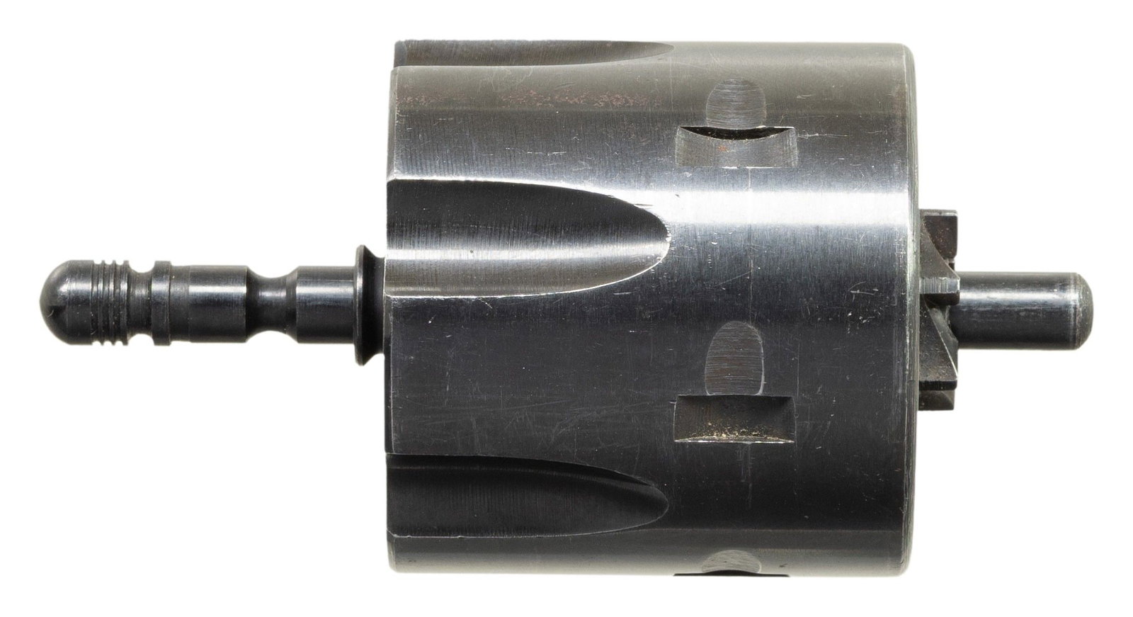 SINGLE ACTION ARMY 22 MAGNUM CYLINDER.: Unmarked cyl. for a Colt Single Action Army revolver chambered in .22 WMR. Cyl. is accompanied by a cyl. base pin, both of which are blued. CONDITION: cyl. shows some light wear, thinning, scattered h