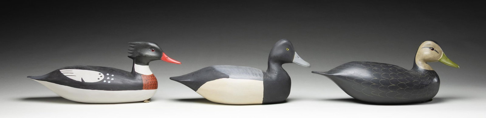 3 HV SHROUDS WOODEN DECOYS.: All of different breeds about 15.5" overall & 8" height. 1 dated 1966 w/ missing anchor loop. CONDITION: all appear very good overall showing dings & spots of fading paint. (02-27374/MD). NON-GUN. $40