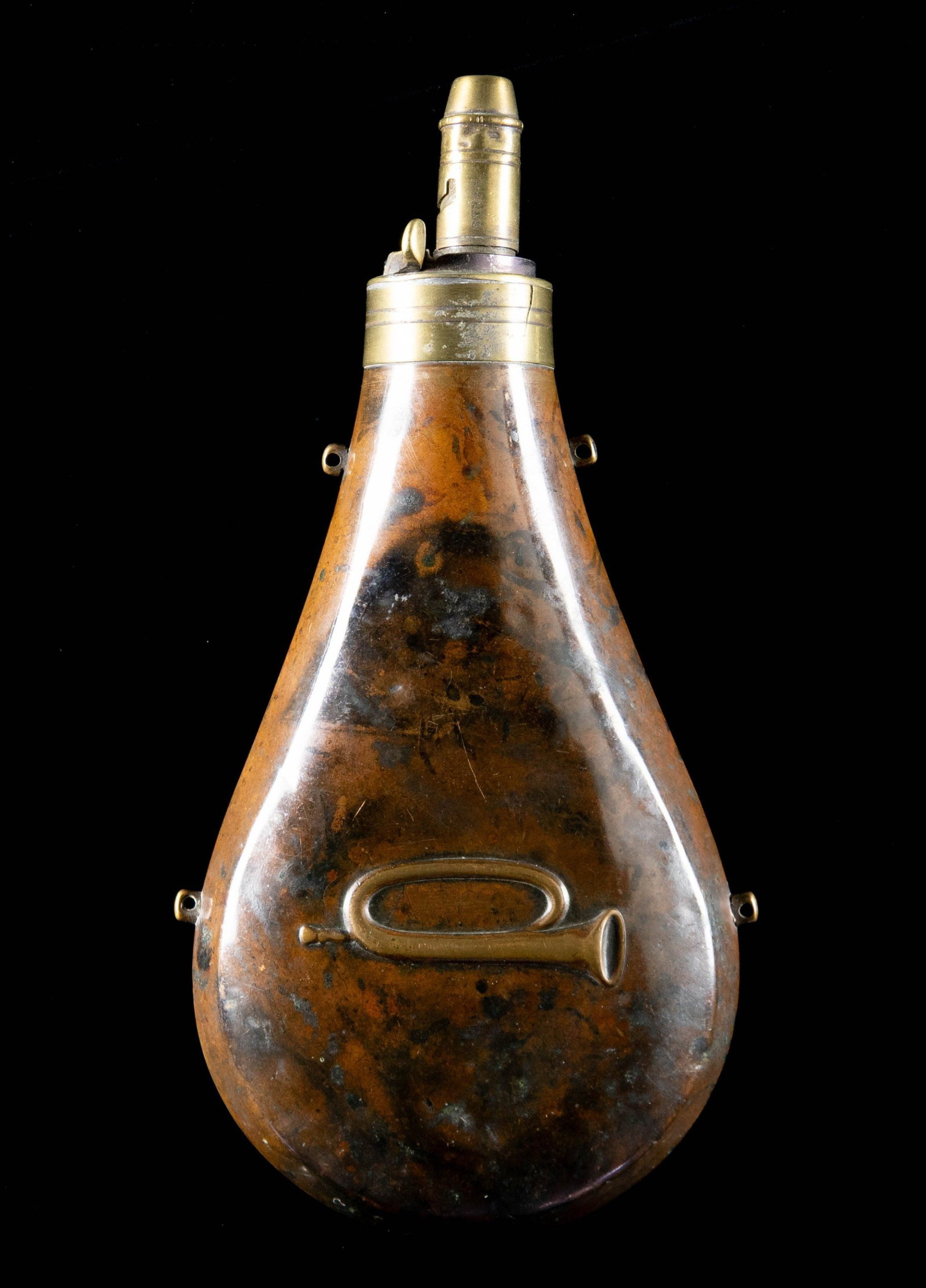 SCARCE "PUBLIC PROPERTY" RIFLE FLASK.: 8.5" overall, Riling No. 852. Embossed hunting horn and "PUBLIC PROPERTY" on one side. Charger marked "SYKES". PROVENANCE: Carol Watson Auction, lot #277, Oct. 14, 2001. CONDITION: dark patina with