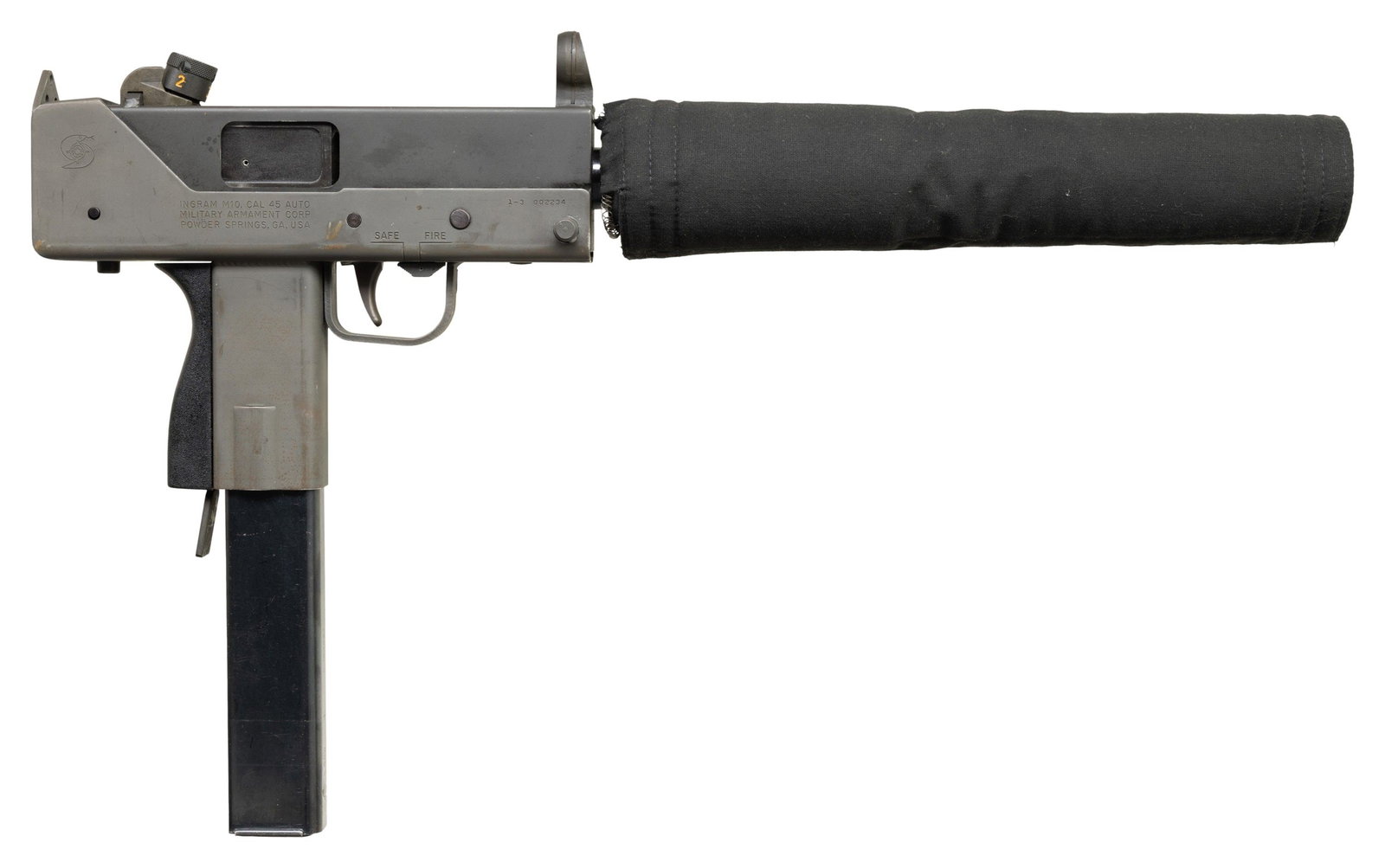 MILITARY ARMAMENT CORP. INGRAM M10 SUBMACHINE GUN: WITH SILENCER & ACCESSORIES. Cal. 45 ACP. S# 1-3002234 (receiver), S-187 (silencer). Bbl. 5 7/8". M10 submachine gun mfg. by Military Armament Corp. in Powder Springs, GA. Right side of the receiver i