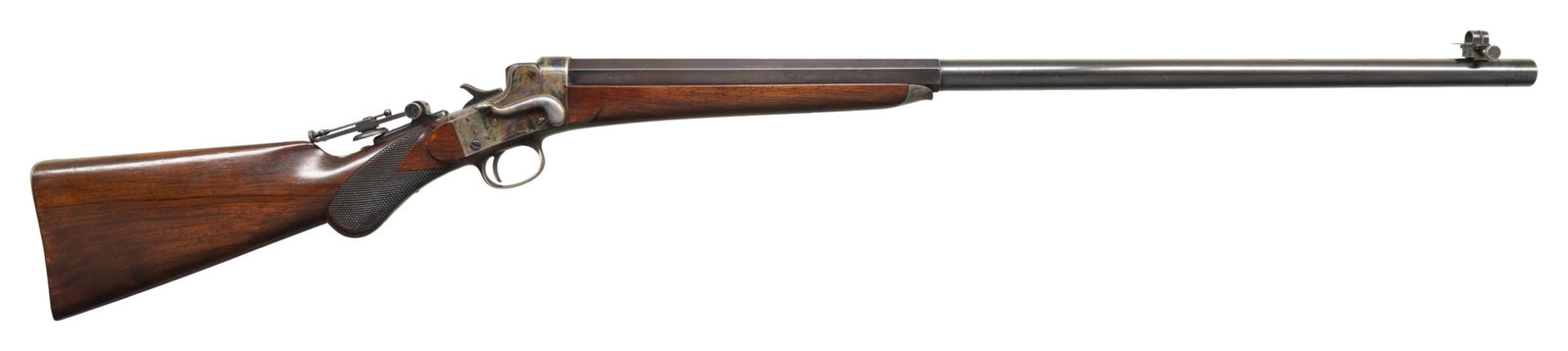 VERY FINE E. REMINGTON & SON. NO. 3 HEPBURN RIFLE.: Cal. 38, 1 3/4" (38-40 Hepburn). S# 6918. Similar to the Short or Mid-range Creedmoor rifle having half rnd. to oct. 30" bbl. Combination wind gauge front sight & mid-range vernier tang sight. Case co