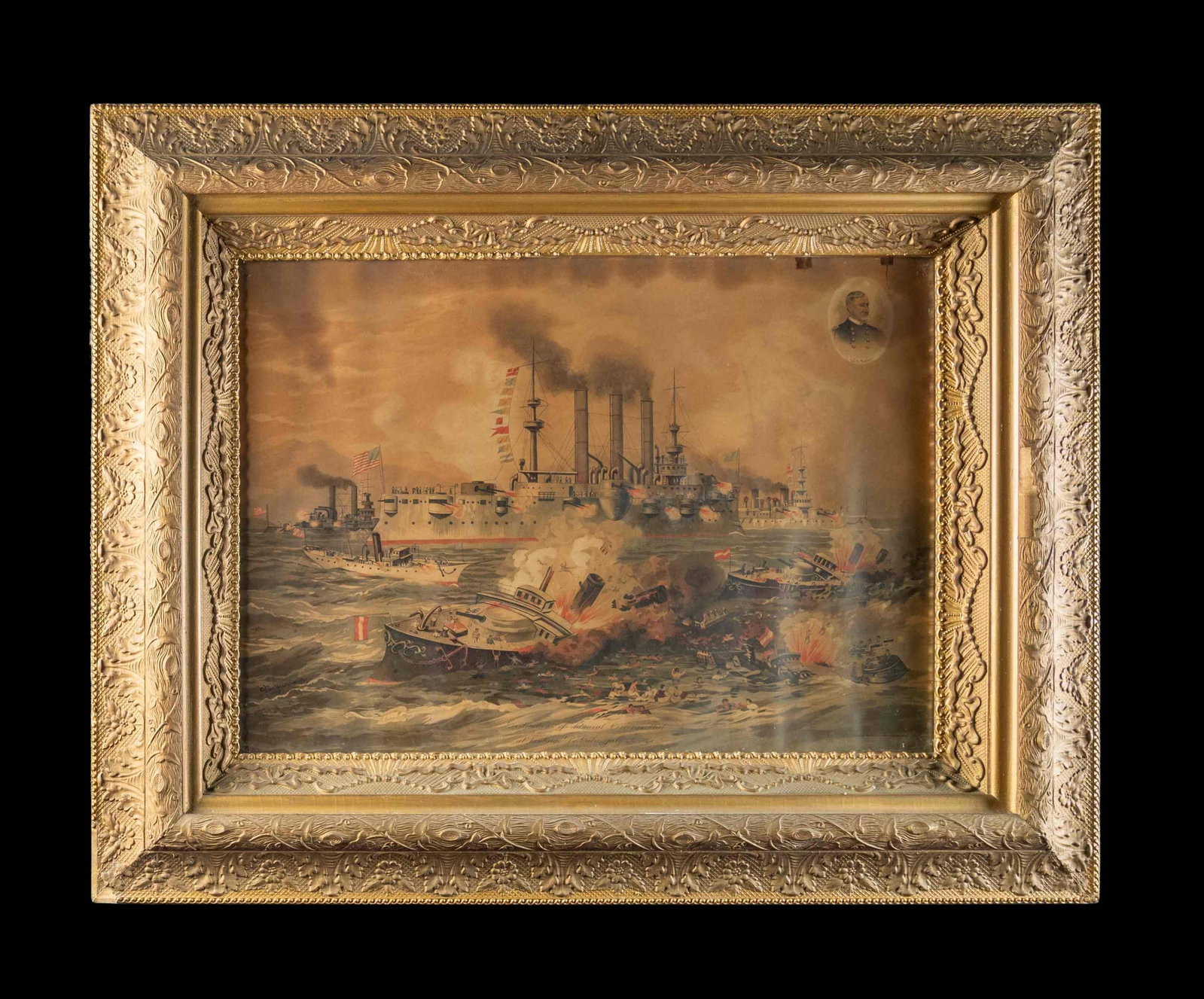 SPANISH-AMERICAN WAR NAVAL CHROMOLITHOGRAPH: "DESTRUCTION OF ADMIRAL CERVERA'S Fleet at Santiago de' Cuba, July 3, 1898". American, Xanthus Smith, rare 28"x20" size, embossed decorated 31x39" gold leaf gesso frame. The view with a vivid depictio