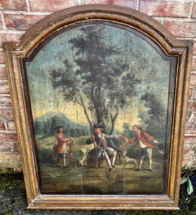 Early Painting on Arched Board 18th Century Scene: Painting is oil on board. Size is 36x29 . Painting Fireback?