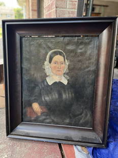 Primitive Painting of Lady in Lace Cap: Just painting size 25x30 with frame 33x38 Good condition