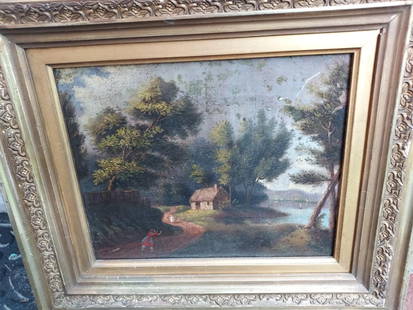 Early Painting Landscape with Children: O/C nice early frame