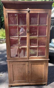 Early Pine Corner Cupboard: Pine 41.6 W x 82H 20 D Missing on piece corner small molding on top could be there canâ€™t guarantee