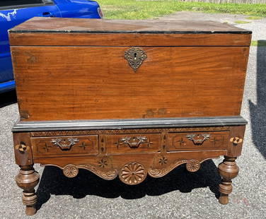 Early European Blanket Chest on Stand: Size 46x38 beautifully carved and inlay 3 drawers on Base