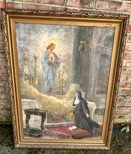 Religious painting O/C Signed A.Buzzi: Size 46x38 beautifully carved and inlay 3 drawers on Base