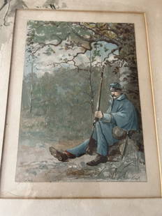 Set of 5 Civil War Watercolors signed C. W. Reed and Louis Harlow: These are a wonderful set of Civil War watercolors signed and mats are painted as well. Description on reverse of each painting. Some have water marks and discoloring but a great collection. Not all