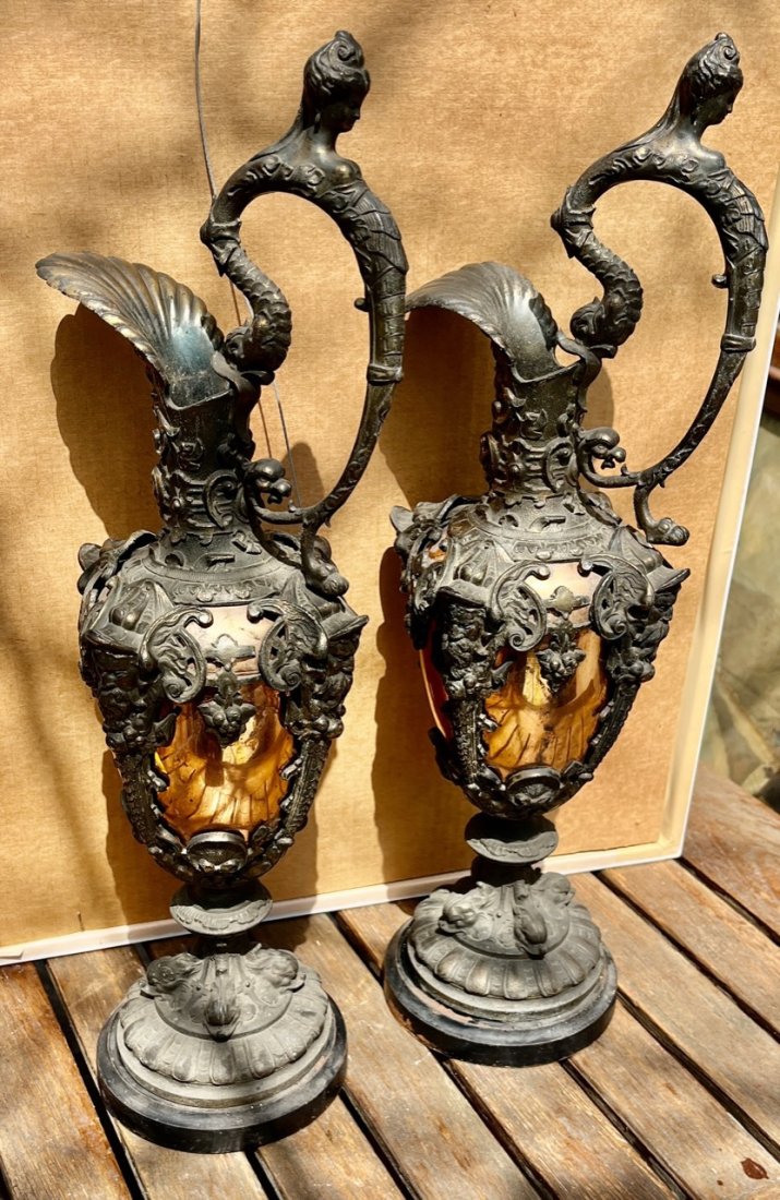 Pr of Very Ornate Metal Ewers: Very ornate