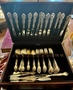 Gorham Sterling Melrose Pattern Flatware set 77pcs: 5 pcs to each place setting, 12 place setting, plus 7 butter,13 teaspoons,1 salad fork, 7 serving pcs beautiful set. Needs polishing Please, BOX NOT INCLUDED