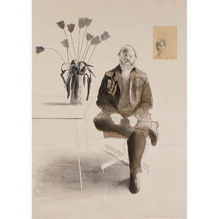 David Hockney, Henry Seated with Tulips, 1976: David Hockney (British, b. 1937) Henry Seated with Tulips (from Friends Series), 1976 color lithograph signed, dated and numbered in pencil A.P. edition of 20 41 1/2" x 29 1/2" Provenance: Fairweather