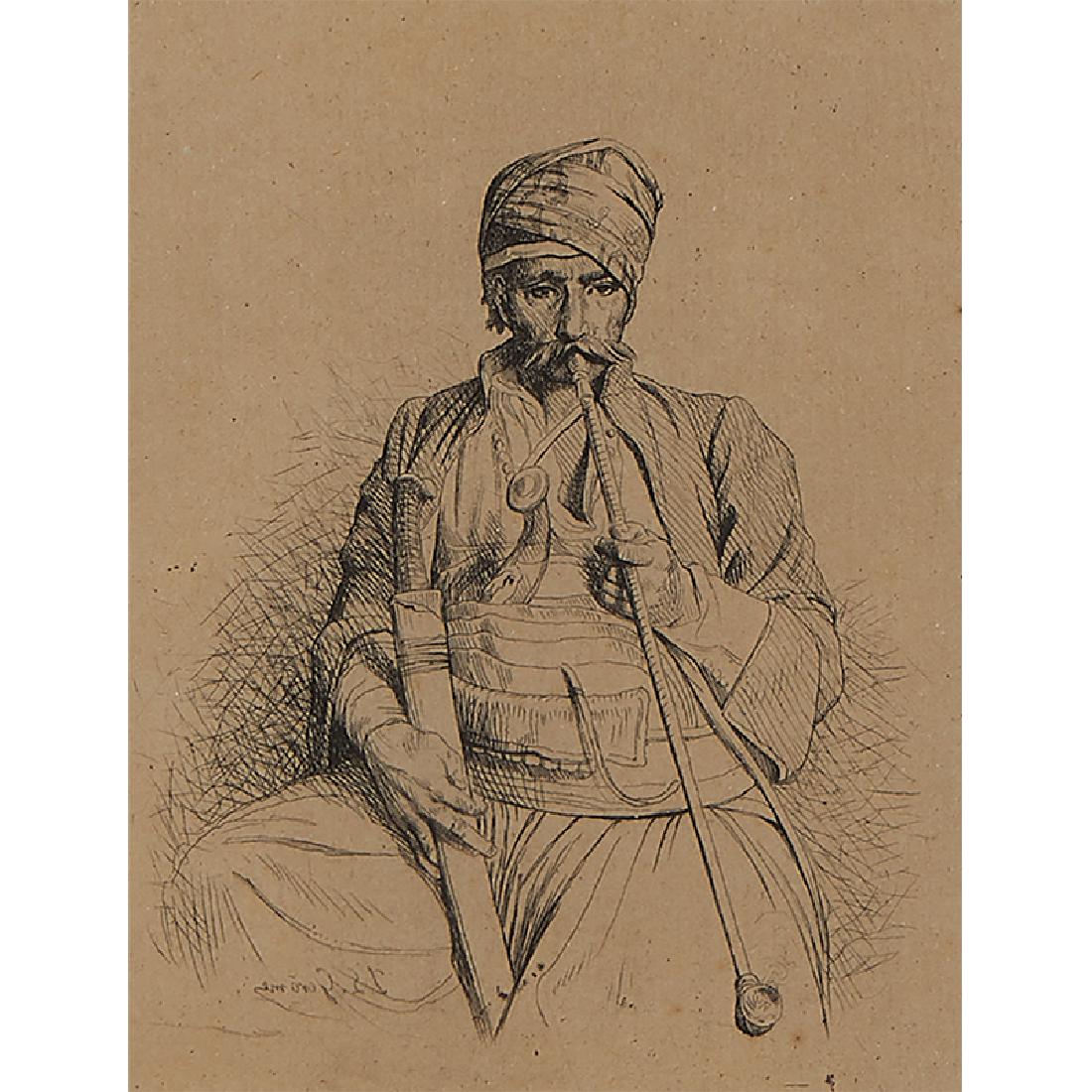 Jean-Léon Gérôme, Le Fumeur Egyptien, 1868: Jean-Léon Gérôme (French, 1824-1904) Le Fumeur Egyptien (The Egyptian Smoker), 1868 etching 4 1/4" x 3 1/4" Provenance: Gerhard Wurzer Gallery, Inc., Houston, Texas (label on verso)