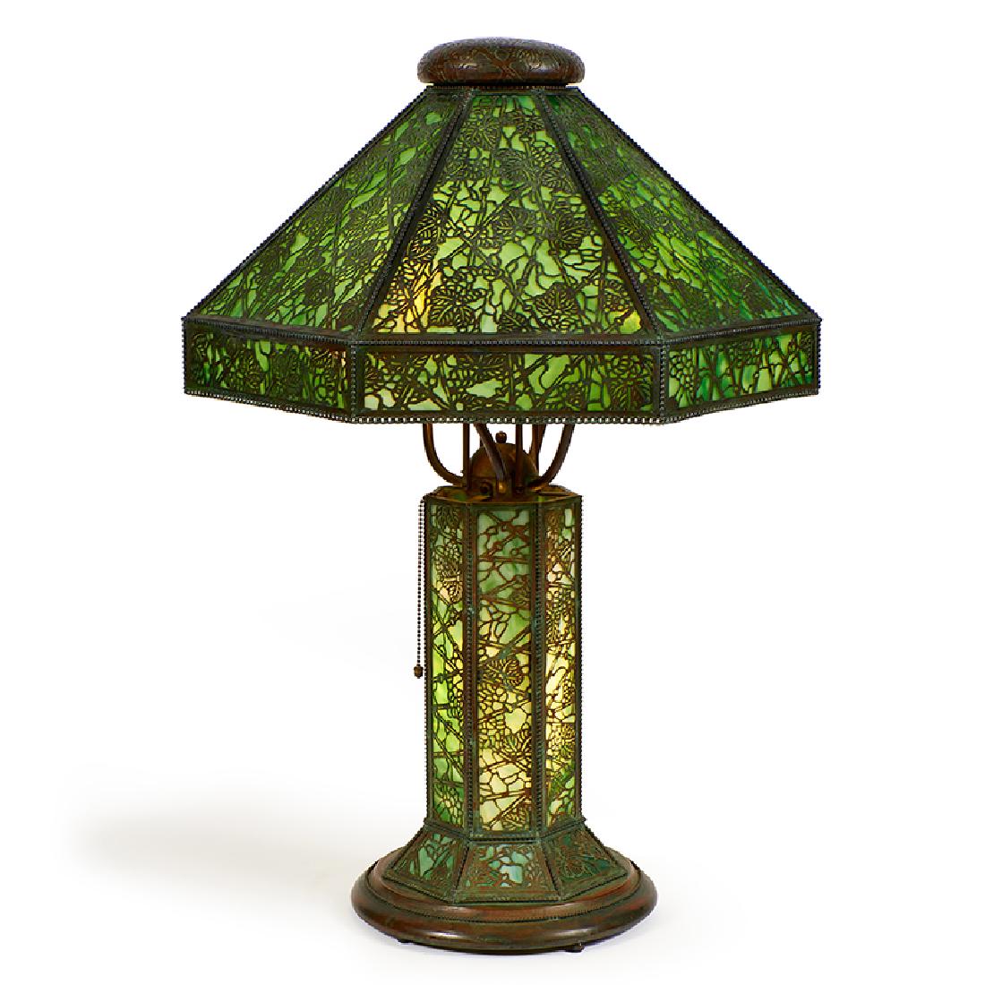 Riviere Studios table lamp: Riviere Studios table lamp New York, New York patinated bronzed metal, green slag glass unsigned 20"dia x 29 1/2"h Literature: A similar shade can be seen in Crist, Paul, Mosaic Shades Volume II, Paul