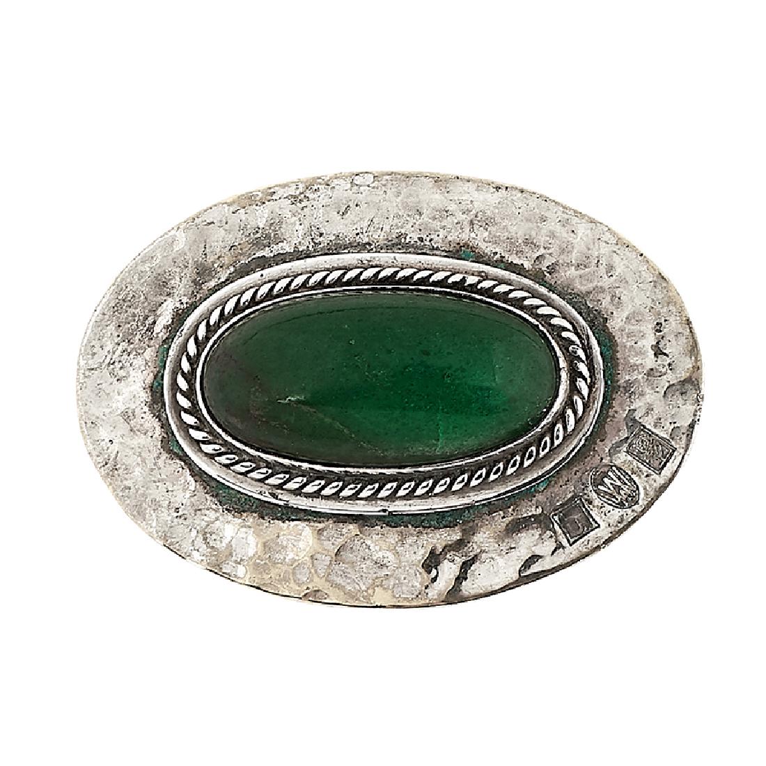 Josef Hoffman, Wiener Werkstätte button: Josef Hoffman (1870-1956) for Wiener Werkstätte ornamental button Vienna, Austria silver-plate, green aventurine stamped hallmarks 2 1/16"w x 1 7/16"d x 9/16"h