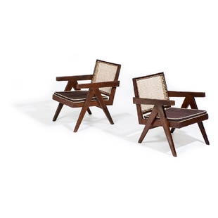 Pierre Jeanneret (1896-1967) Easy Armchair, pair: Pierre Jeanneret (1896-1967) Easy Armchair, pair, model PJ-SI-29-A France, India, c. 1955-56 teak, caning, upholstery one with inventory code LHH L: 21 1/4"w x 23"d x 28 1/4"h, R: 21 1/2"w x 23"d x 27