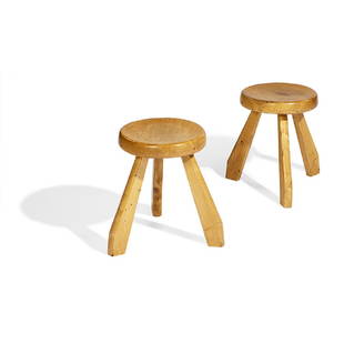 Charlotte Perriand (1903-1999) stools: Charlotte Perriand (1903-1999) stools from Les Arcs, Savoie, pair France, c. 1968 pine 17" dia x 17"h; seats: 12 1/4"dia