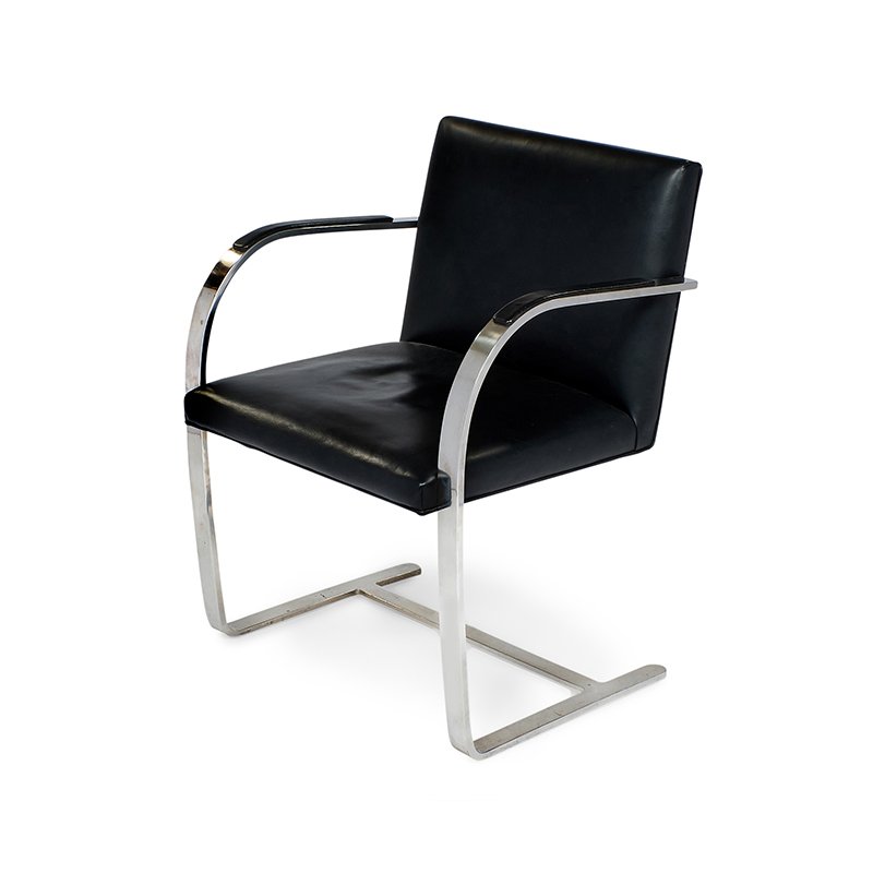 Mies van der Rohe, Knoll BRNO chair: Mies van der Rohe (1886-1969) for Knoll International, Inc. BRNO chair 320 Park Ave, New York, NY, 1970s leather, stainless steel leather armrests 23"w x 22"d x 31 1/2