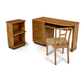 Eliel Saarinen desk, chair, and cabinet: Eliel Saarinen (1873-1950) for Johnson-Handley-Johnson Co. desk, chair, and cabinet Grand Rapids, Michigan, 1940s birch, metal, upholstery signed desk: 48"w x 20"d x 30 1/2"h
