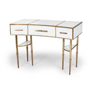 Hollywood Regency desk / vanity, manner of Billy Haines: Hollywood Regency desk or vanity California, 1950s brass, Lucite unsigned in the manner of William (Billy) Haines 42"w x 21 1/2"d x 30 1/2"h