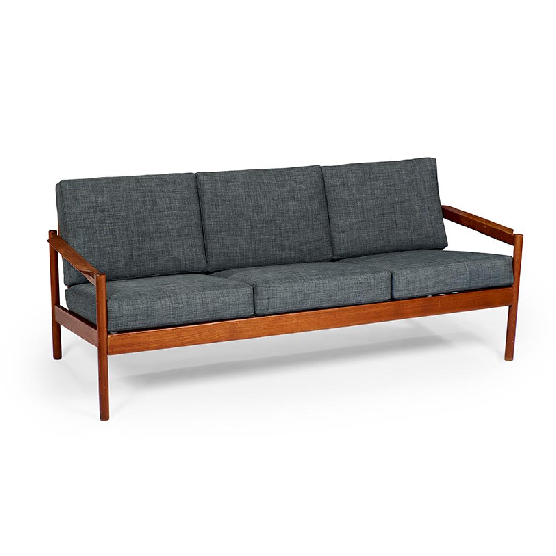 Kai Kristiansen, Magnus Olesen sofa: Kai Kristiansen (b. 1929) for Magnus Olesen sofa Denmark, 1960s teak, upholstery Magnus Olesen tag 68 3/4"w x 28"d x 26"h