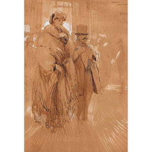 Jean Emile Laboureur, The Couple, 1909: Jean Emile Laboureur (French, 1877-1943) The Couple, 1909 sepia wash and india ink signed and dated upper right 8 1/4" x 5 3/4" Provenance: Frederick Baker, Chicago, Illinois (label on verso)