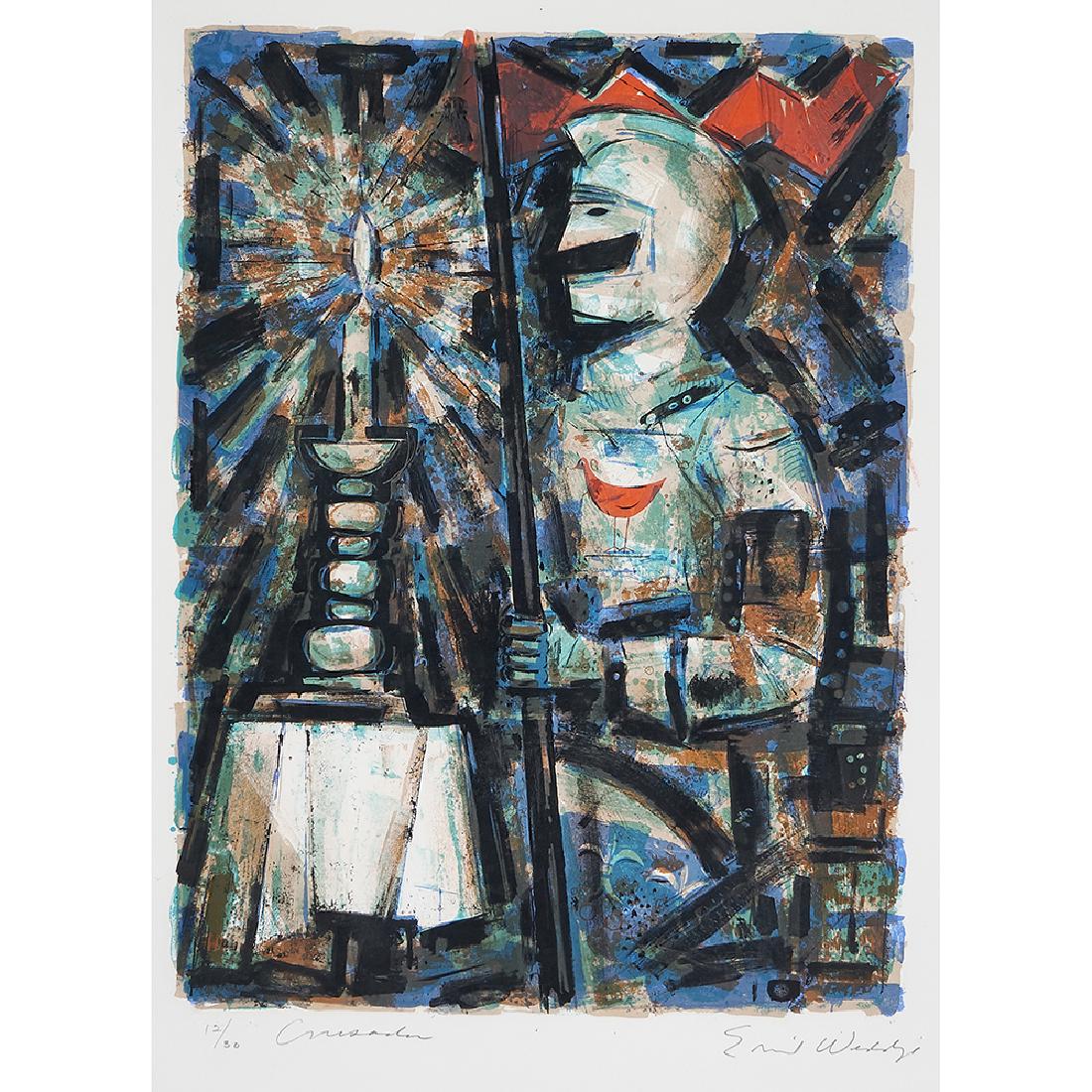 Emil Weddige, Crusader: Emil Weddige (Canadian, b. 1907) Crusader color lithograph signed, titled and numbered in pencil edition of 30 21" x 15 1/2" Provenance: Birmingham Gallery, Birmingham, Michigan (label on verso)