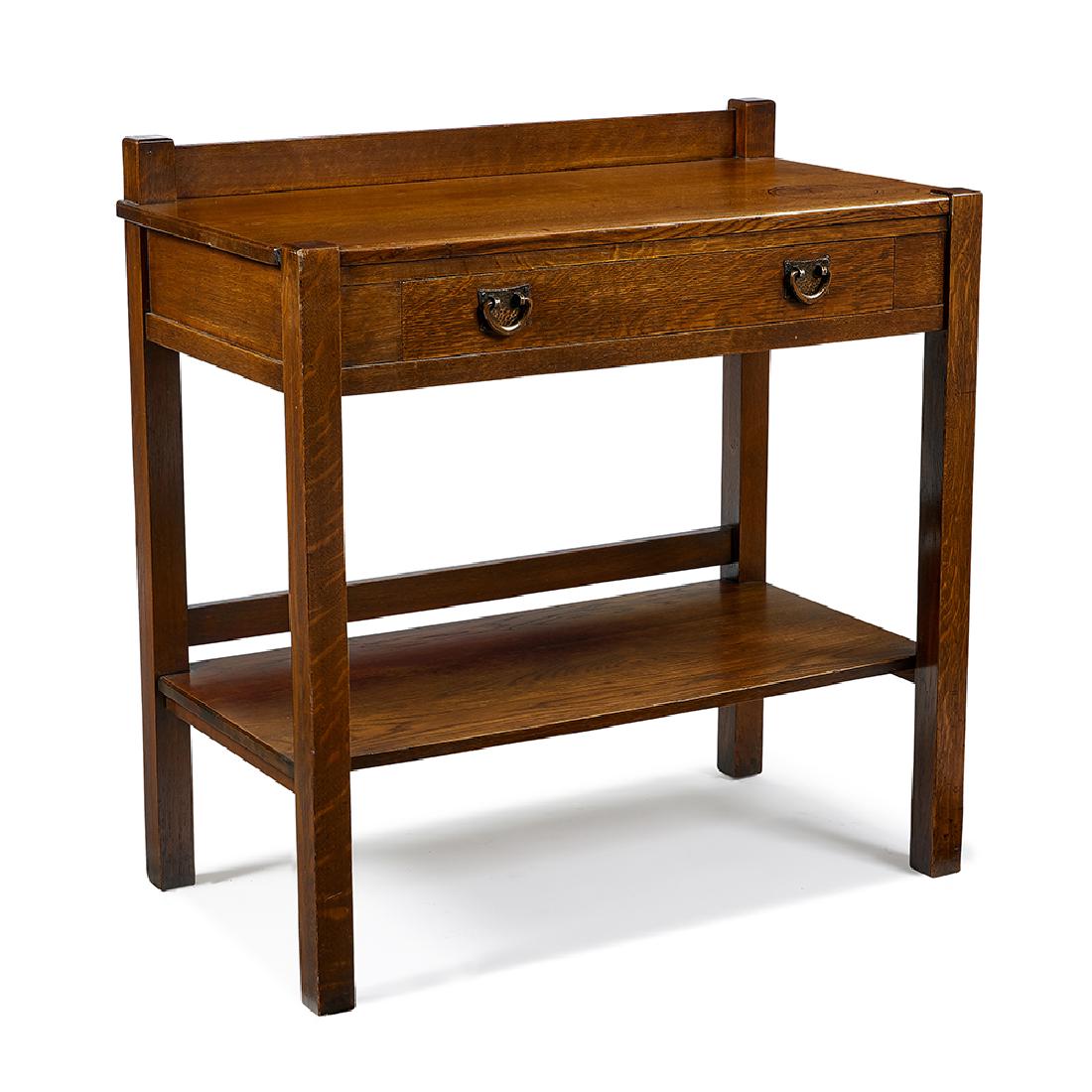 Stickley Brothers server: Stickley Brothers server, #8735 Grand Rapids, Michigan oak, copper unsigned, numbered 36 1/4"w x 19 1/2"d x 37"h