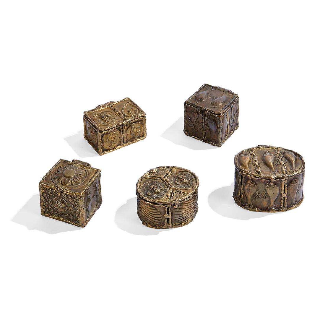 Pal Kepenyes boxes, set of five: Pal Kepenyes (b. 1926) boxes, set of five Mexico, 1960s/1970s bronze each with stamped mark largest: 3"w x 2 1/4"d x 2"h