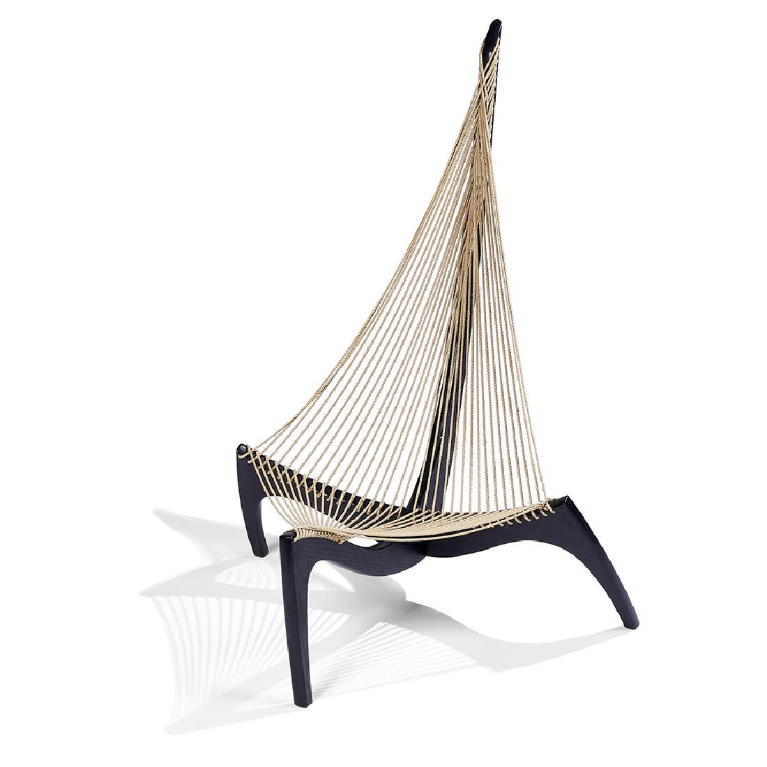 Jorgen Hovelskov/Christensen & Larsen Harp chair: Jorgen Hovelskov (1935-2005) for Christensen & Larsen Harp chair Denmark, c. 1968 laminated and ebonized plywood, flag line rope 41"w x 43"d x 52 1/2"h