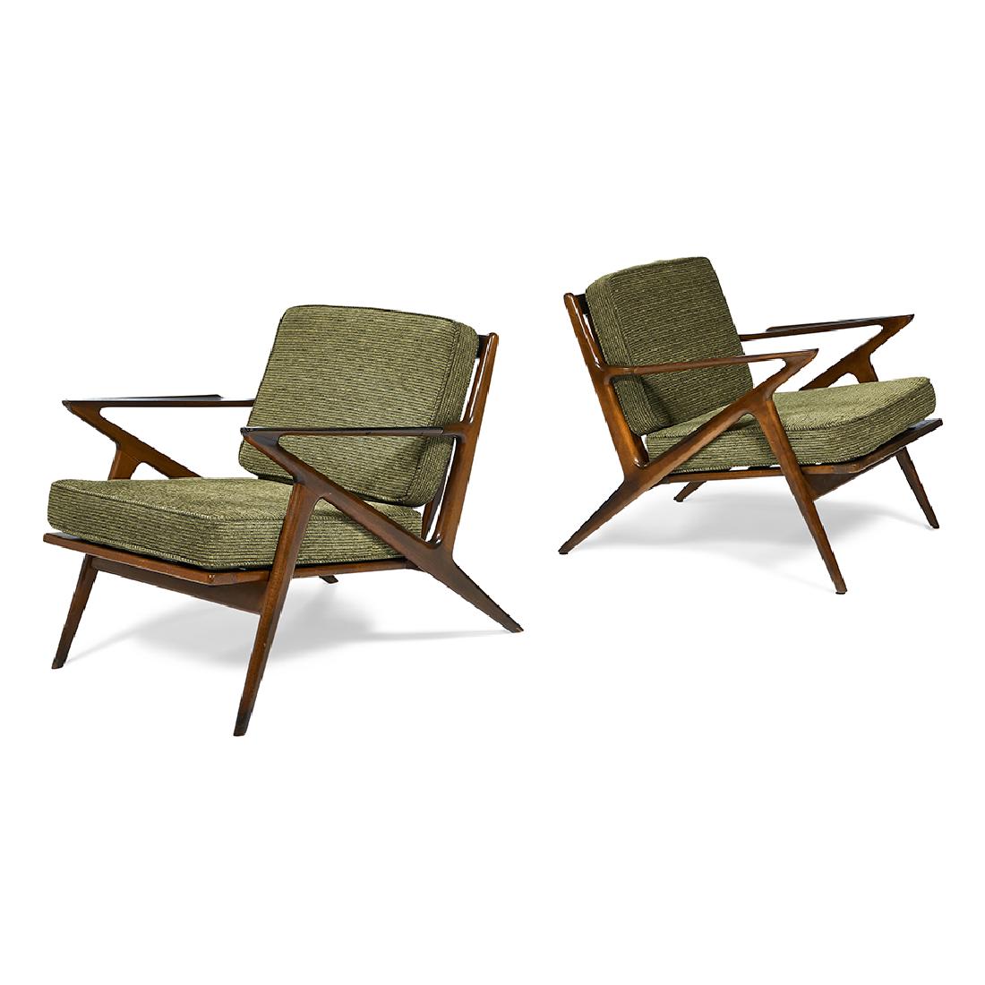 Poul Jensen for Selig Z lounge chairs, pair: Poul Jensen (1922-2006) for Selig Z lounge chairs, pair Denmark, 1960s beech, upholstery each with Selig tag 29"w x 31"d x 28"h
