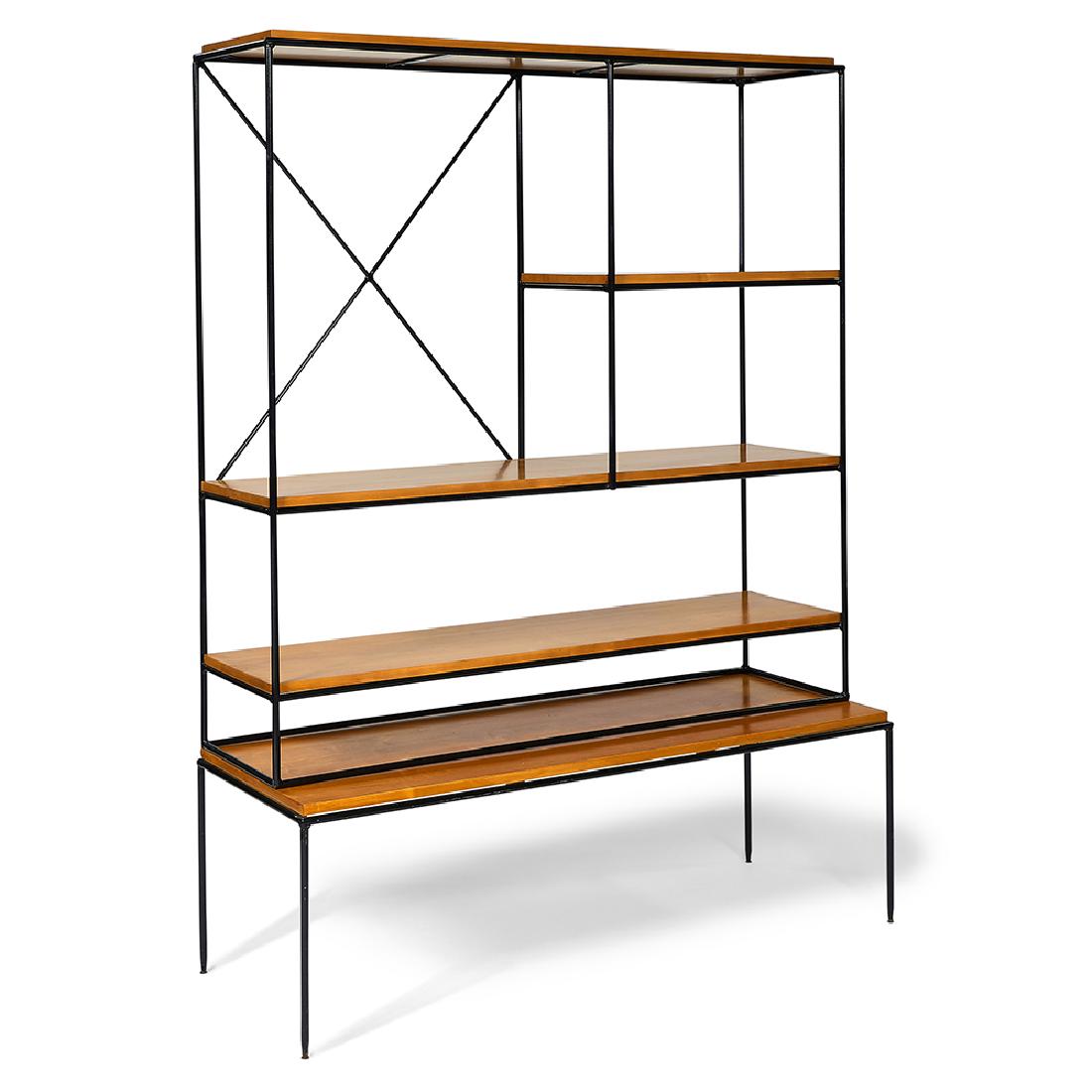 Paul McCobb, Planner Group room divider: Paul McCobb (1917-1969) for Winchendon Planner Group room divider, model 1596, and bench USA, 1950s birch, enameled steel as shown: 47 1/2"w x 18"d x 64 1/2"h
