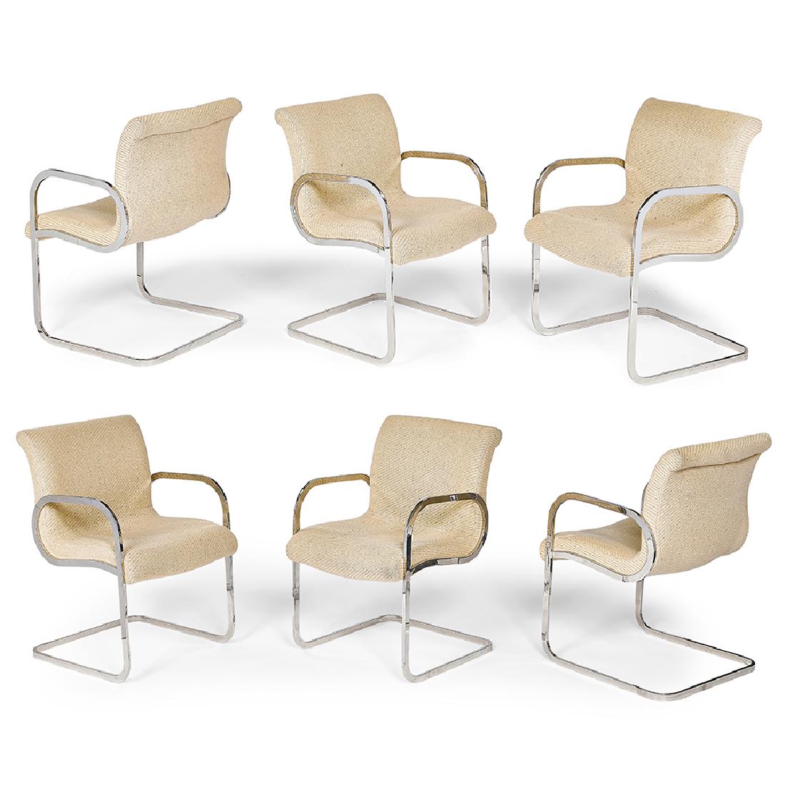 Charles Gibilterra for Brueton Ghia dining chairs, 6: Charles Gibilterra (American, 20th/21st century) for Brueton Industries, Inc. Ghia dining chairs, set of six Springfield Gardens, New York, 1970s stainless steel, upholstery Brueton labels 20 3/4"w x