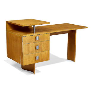 Eliel Saarinen for Johnson Furniture Co. desk: Eliel Saarinen (1873-1950) for Johnson Furniture Co. desk Grand Rapids, Michigan, 1940s birch, aluminum stamped model number S-409 48"w x 20"d x 30"h, desk surface: 24 3/4"h