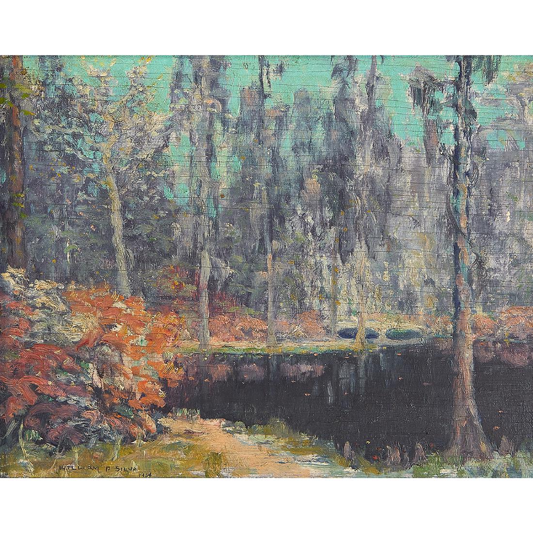 William Posey Silva, Garden of Dreams: William Posey Silva (American, 1859-1948) Beside the Still Waters, Garden of Dreams, 1934 oil on board signed and dated lower right 11" x 14"