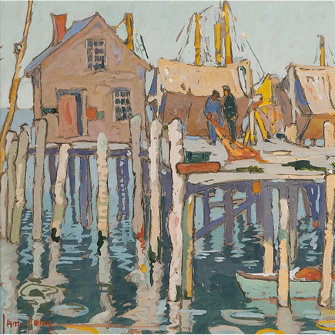 Irma Rene Kohn Port Scene: Irma Rene Kohn (American, 1884-1975) Port Scene gouache signed lower left 9 1/4" x 9 1/4"