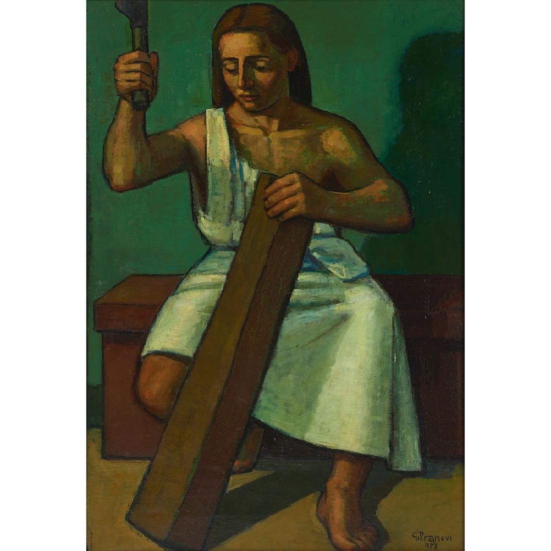 Giuseppe Pranovi, Jesus the Worker: Giuseppe Pranovi (Italian, 20th century) Jesus the Worker (Gesu Lavoratore), 1958 oil on canvas signed and dated lower right 38 1/2" x 27"