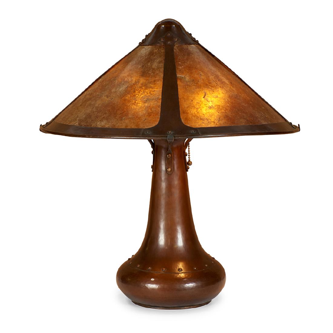 Dirk van Erp, Copper and Mica Table Lamp: Dirk van Erp (1860-1933) table lamp San Francisco, California, circa 1911 hammered copper, mica stamped closed box D'Arcy Gaw ghost signature 17 1/2"dia x 19 1/2"h