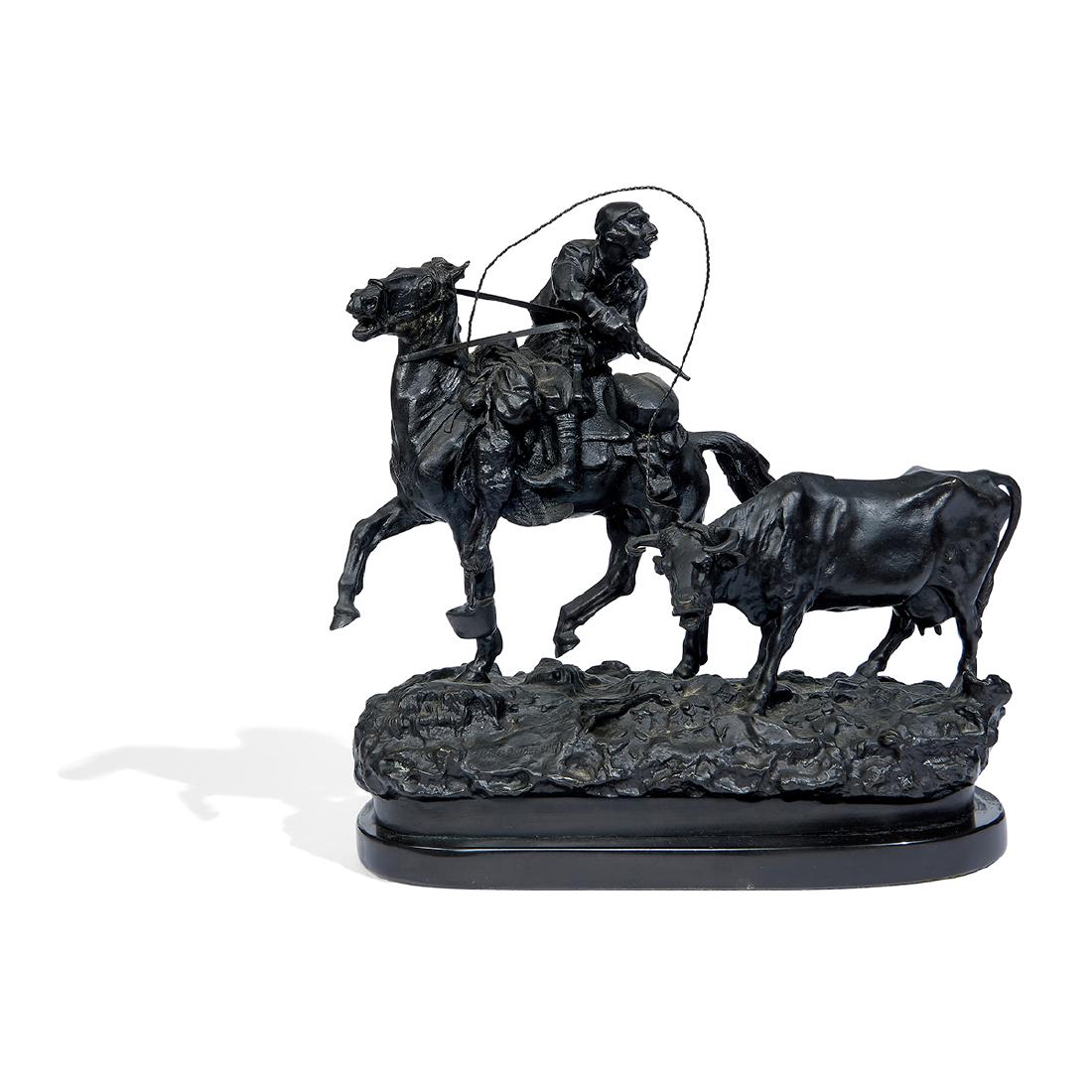 after Vassili Grachev, "Ukrainian Rustler" Bronze: after Vassili Yacovlevich Grachev (1831-1905) Ukrainian Rustler figural group Russia bronze, marble signed Woerffel foundry mark 11 1/2"w x 6 1/2"d x 12 1/2"hProvenance: Property from the Estates of J