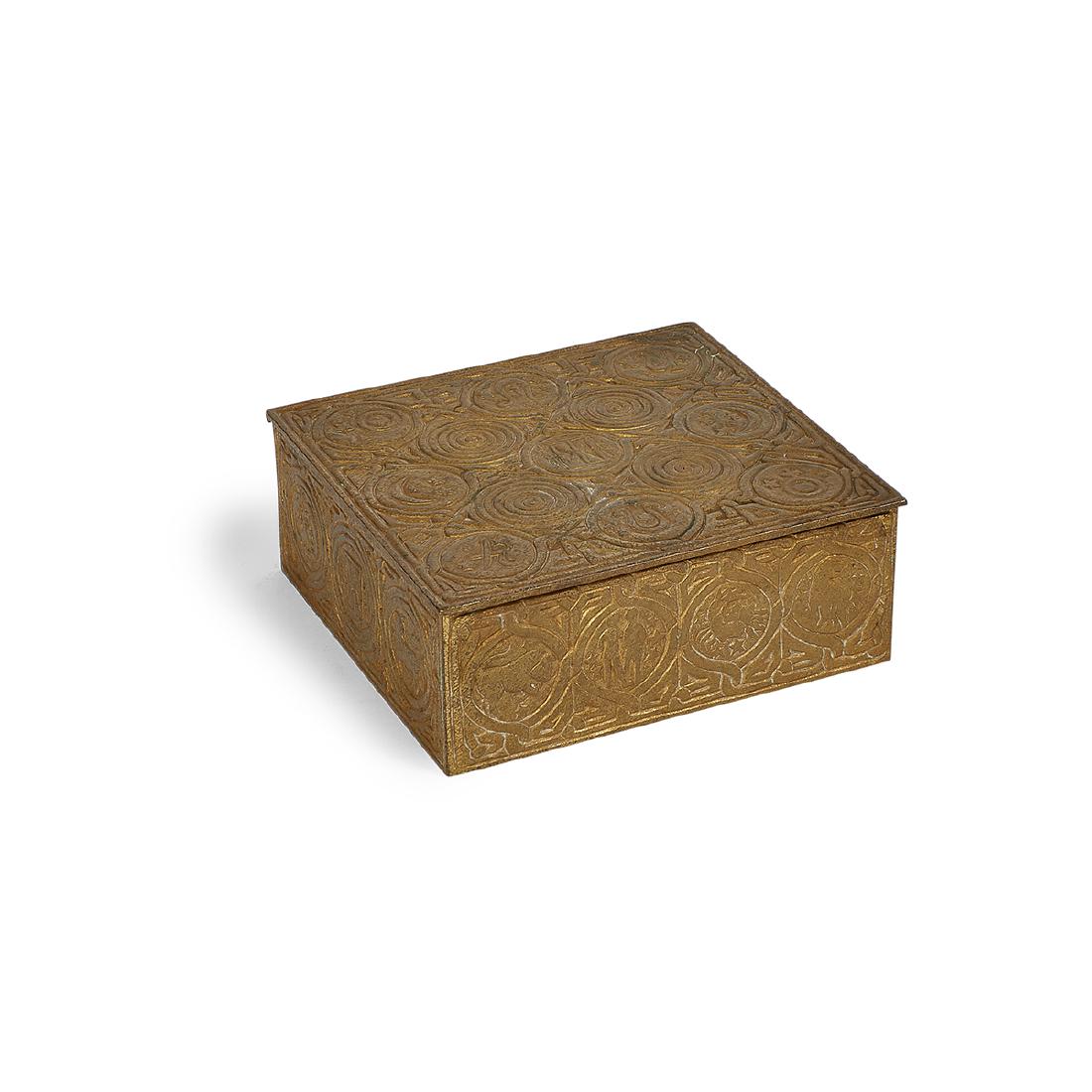 Tiffany Studios, Zodiac Humidor, #1655: Tiffany Studios Zodiac humidor, #1655 New York, New York dore bronze stamped marks, numbered cedar lined 6 3/8"w x 6"d x 2 1/2"h