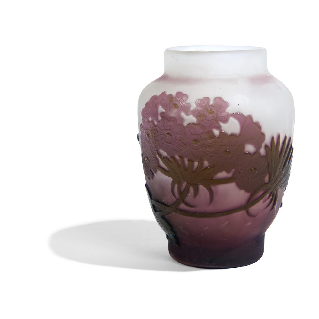 *Gallé, Hydrangea Cameo Glass Cabinet Vase: *Gallé Hydrangea cabinet vase Nancy, France cameo glass signed in cameo 2 1/2"dia x 3 1/4"h Provenance: Property from the Estates of John Harold and Ruth Piper Winzeler, Glenview, Illinois