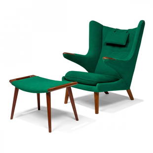 Hans Wegner AP Stolen Papa Bear chair & ottoman: Hans J. Wegner (1914-2007) for A.P. Stolen Papa Bear chair and ottoman Denmark, c. 1950 teak, oak, original upholstery each with Danish Control tag; chair with "supplied by Povl Dinesen" retailer's ta