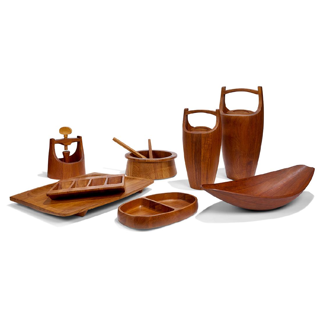 Jens Quistgaard for Dansk teak items, ten pcs: Jens Quistgaard (1919-2008) for Dansk Designs set of 10 table accessories Denmark, 1960s teak all marked "Dansk JHQ Denmark" largest tray: 22 1/2" x 16 1/4", bowl: 24"w, large ice bucket: 19"h