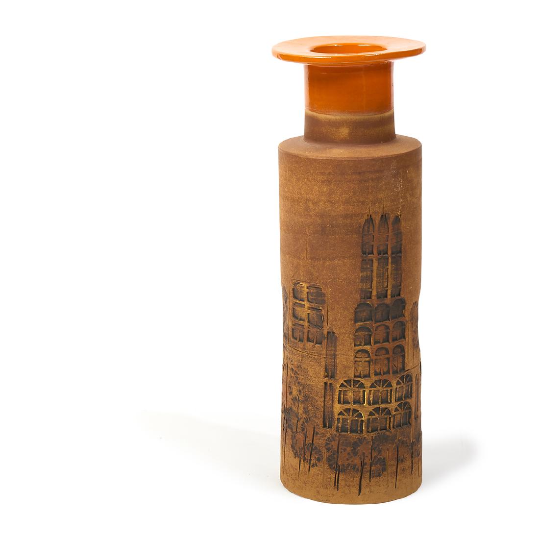 Aldo Londi for Raymor 'Campus' vase: Aldo Londi (1911-2003) for Raymor Campus vase Italy, 1960s stoneware with impressed design, orange glazed rim marked "50305 Italy" 5"dia x 14 1/2"h