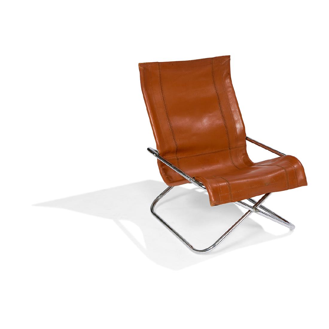 Takeshi Nii 'Ny' folding chair, leather seat: Takeshi Nii (Japanese, 20th century) Ny folding chair Japan, c. 1970 leather, steel 24"w x 30"d x 33"h
