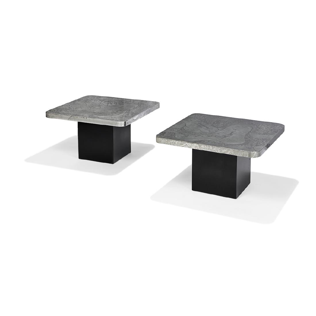 Heinz Lilienthal tables, pair, Germany: Heinz Lilienthal (1927-2006) tables, pair Germany, 1960s etched metal, wood 31 1/2"w x 31 1/2"d x 18"h