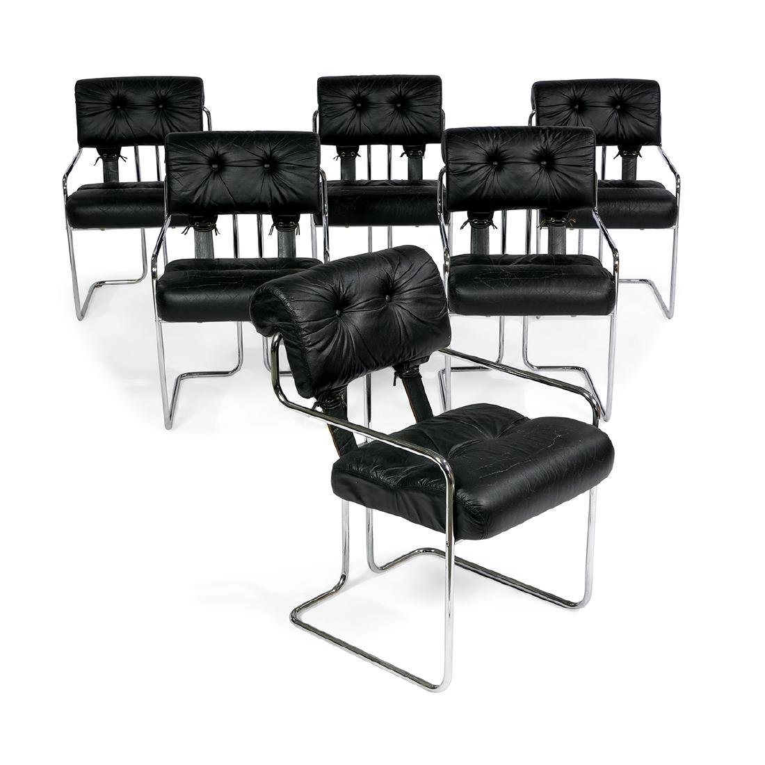 Guido Faleschini for Pace Tucroma chairs, six: Guido Faleschini (Italian, 20th c.) for Pace Collection Tucroma dining chairs, set of six Italy, 1970s chromed steel, leather each with Pace / Mariani label 20 1/2"w x 26"d x 32 1/2"h