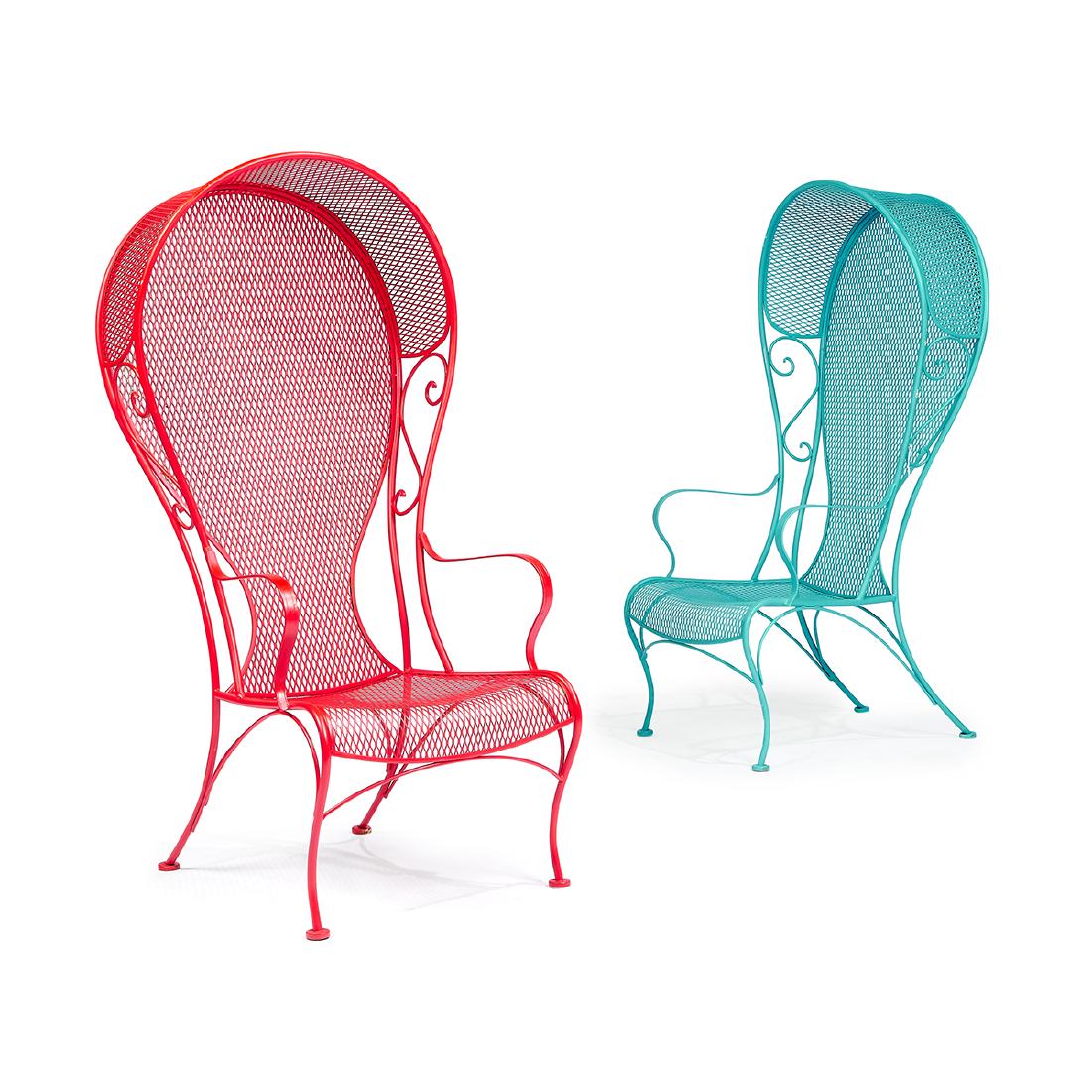 Woodard Furniture Co. Canopy chairs, two: Woodard Furniture Co. Canopy chairs, two USA, 1960s painted steel 23"w x 29"d x 55 1/2"h